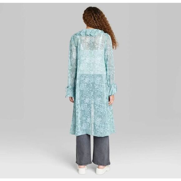 Wild Fable Women's Ruffle Duster Jacket Aqua Green Floral Size L - Picture 2 of 16